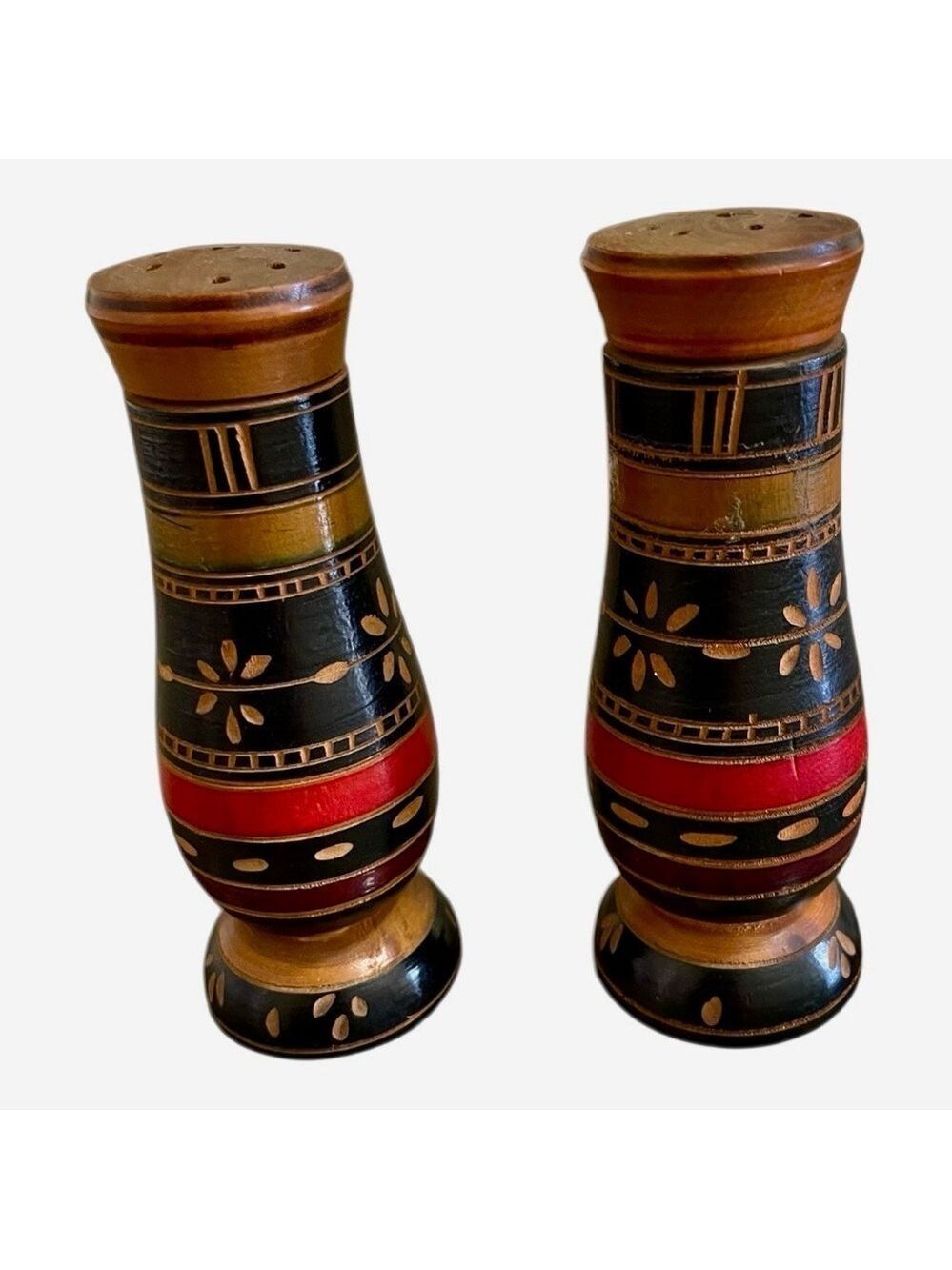Salt & Pepper Shakers, Mexican Folk Art, Hand Painted Wood, Black, Red & Natural